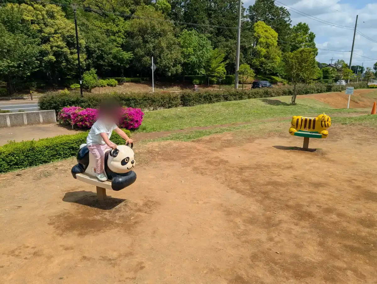 動物のスプリング遊具で遊ぶ子ども