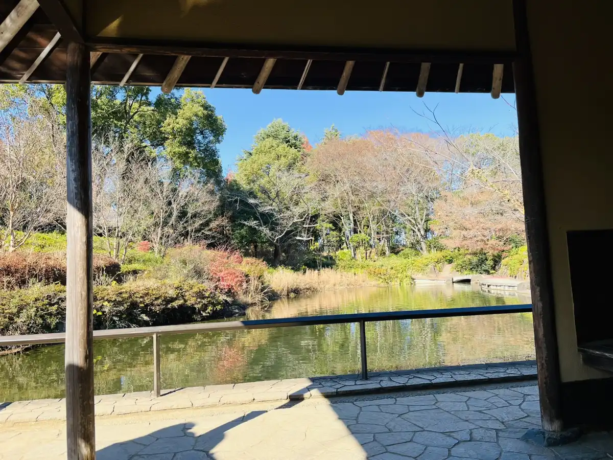 柏の葉公園の屋根付き休憩所から見える水辺
