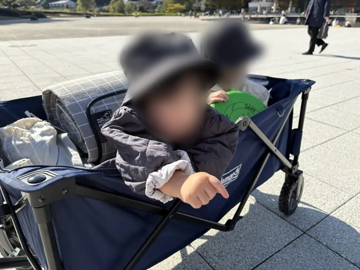 キャリーワゴンに乗って移動する子ども