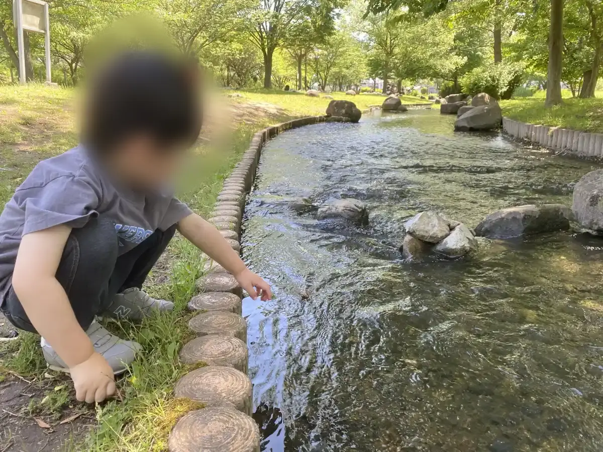 小川のそばで遊ぶ様子